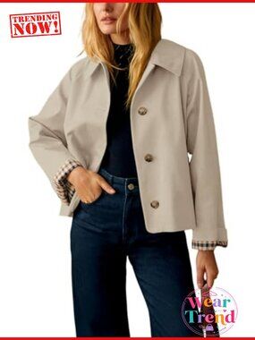 Oversized Crop Trench Coat with Plaid Lining Button Down Casual Jacket